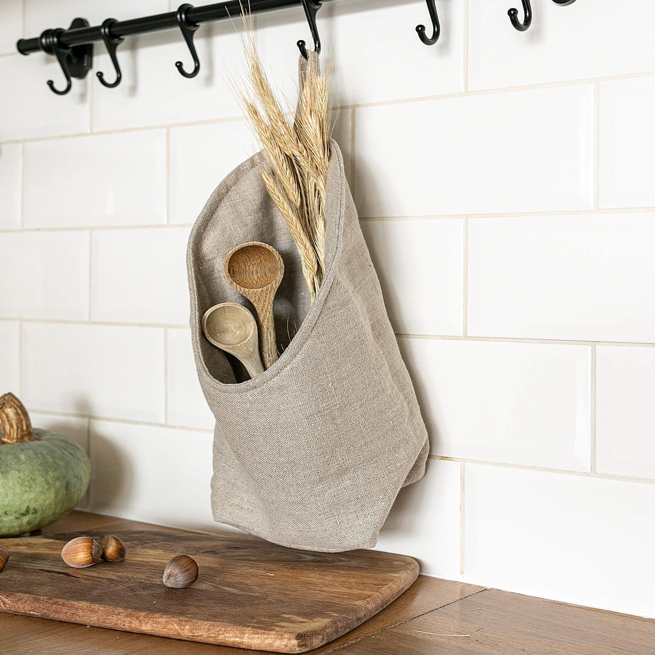 The Linen Valley hanging linen kitchen bags — example colour and styling